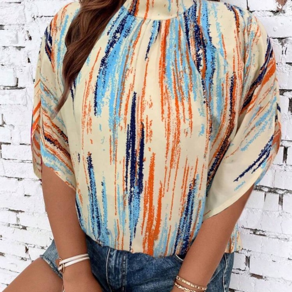 SHEIN Blue and Orange Graphic 3/4 Sleeve Blouse
